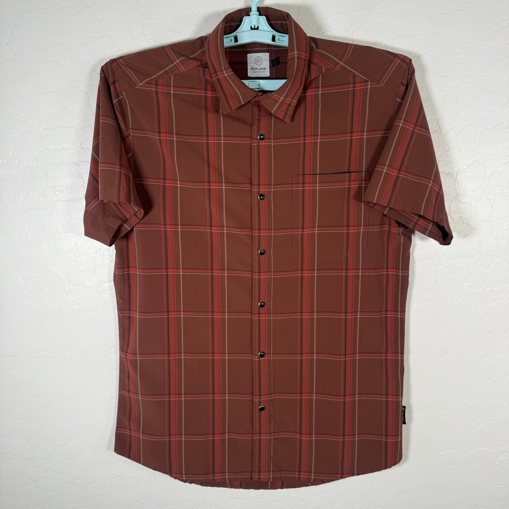 Flylow Shirt Mens Small Brown Plaid Short Sleeve Snap Button Outdoor Hiking